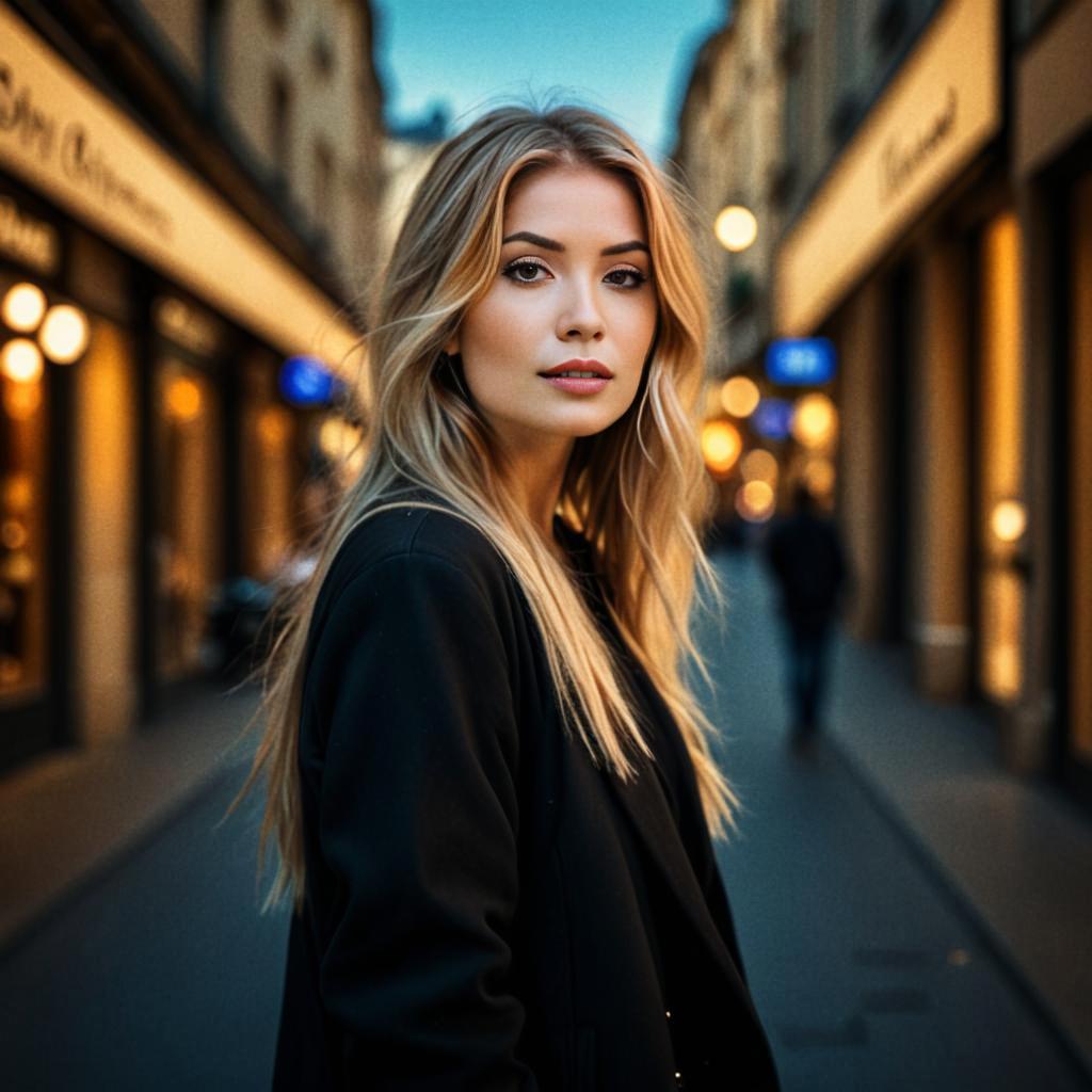 Confident Young Woman in Illuminated Street