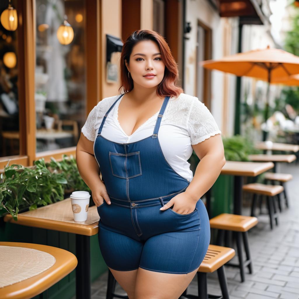 Confident Plus-Size Woman in Denim Overalls at Café