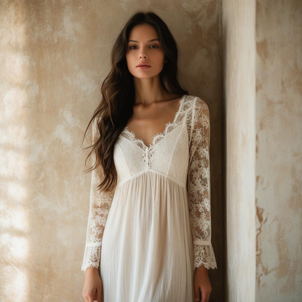 Woman in Elegant White Lace Dress Against Beige Wall