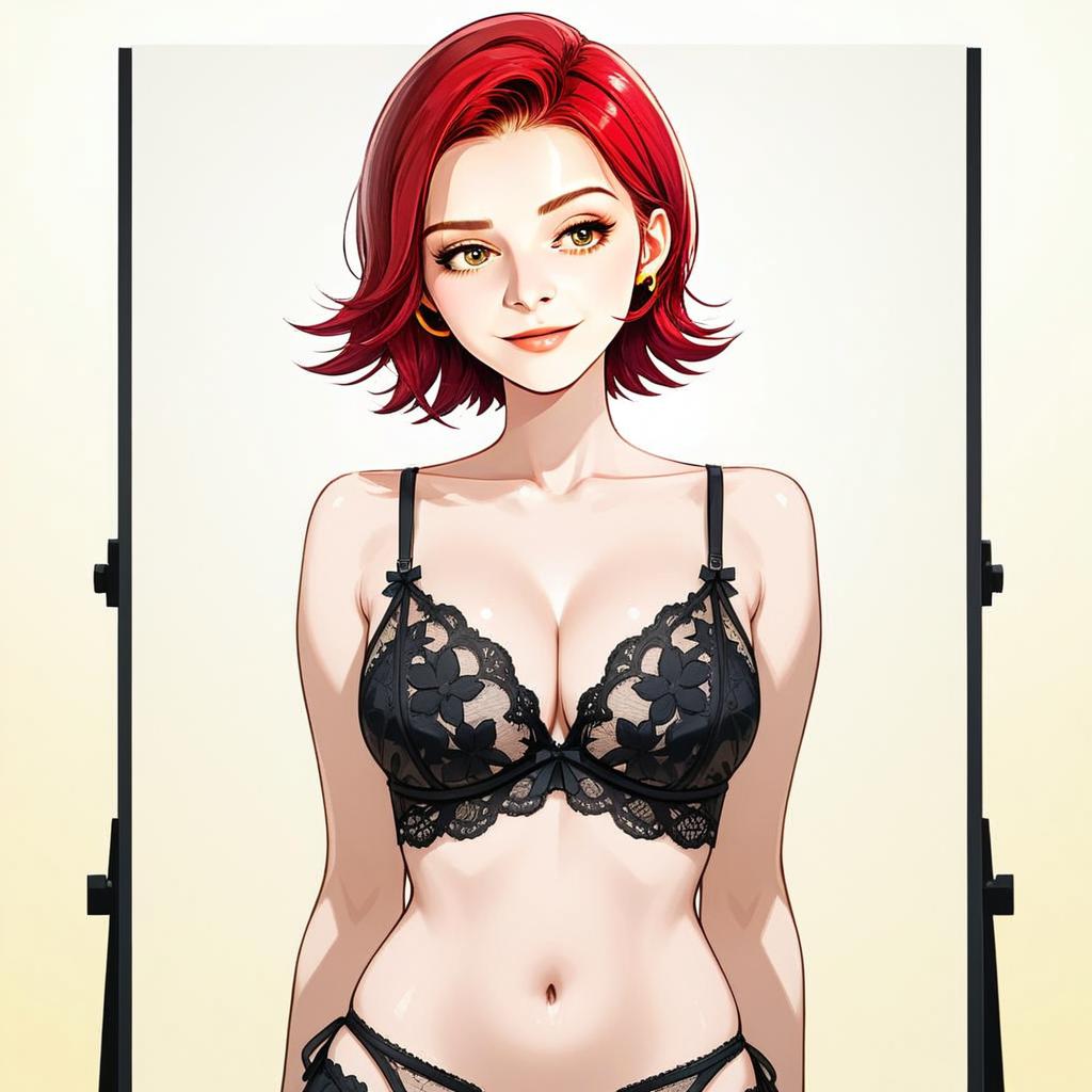 Anime Style Red-Haired Woman in Black Lace Lingerie Digital Art