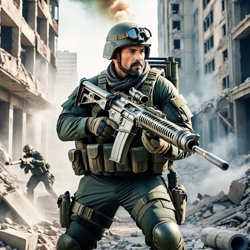 Soldier in Tactical Gear on Urban Battleground