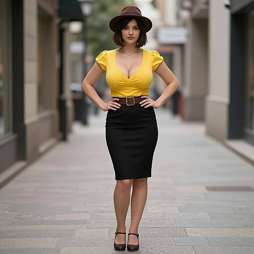 Stylish Woman in Yellow Blouse and Black Pencil Skirt on Urban Street