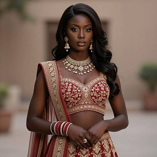 Elegant African Woman in Traditional Indian Red and Gold Bridal Attire