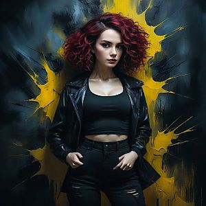 Confident Woman with Curly Red Hair in Leather Jacket