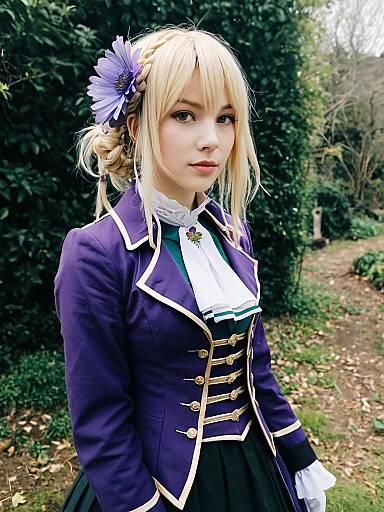 Violet Evergarden Cosplay Woman in Detailed Purple Costume Outdoors