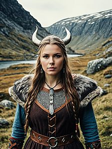 Photorealistic Portrait of Woman in Viking Costume with Horned Headdress in Rugged Outdoor Landscape