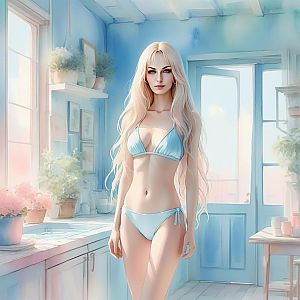 Tall Woman in Light Blue Bikini in Sunlit Room