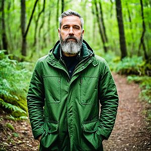 Mature Man in Green Jacket in Forest