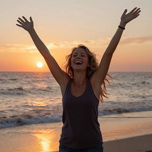 Joyful Woman Enjoying Sunset on Beach