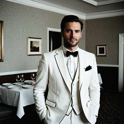 Man in White Dinner Suit with Black Bow Tie Standing in Elegant Dining Room