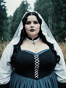 Plus-Size Woman in Llorona Costume Cosplay Portrait in Forest