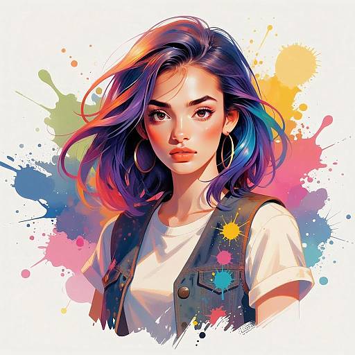 Colorful Digital Portrait of Young Woman with Vibrant Hair and Paint Splashes