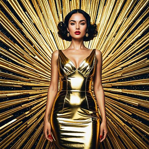 Elegant Woman in Metallic Gold Dress with Art Deco Sunburst Background