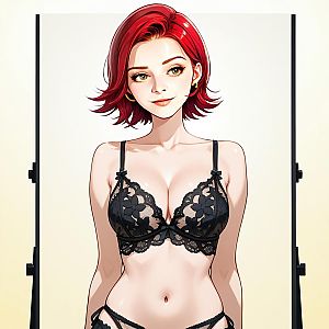 Anime Style Red-Haired Woman in Black Lace Lingerie Digital Art