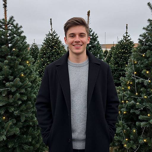 Smiling Young Man Among Christmas Trees with Lights