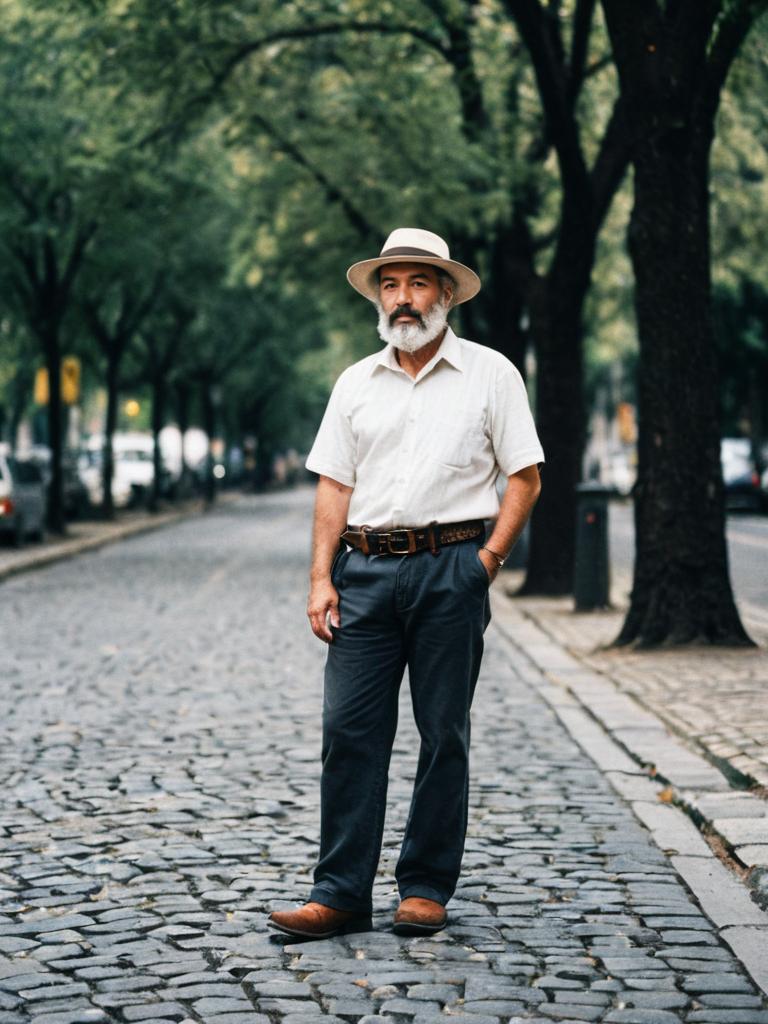 Older Man Standing on Tree-Lined Cobblestone Street Wearing Hat Older Man Standing on Tree-Lined Cobblestone Street Wearing Hat