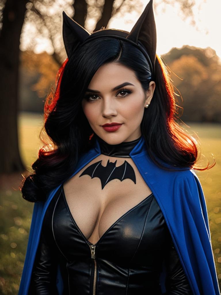 Realistic Batgirl Cosplay Woman in Leather Costume and Blue Cape