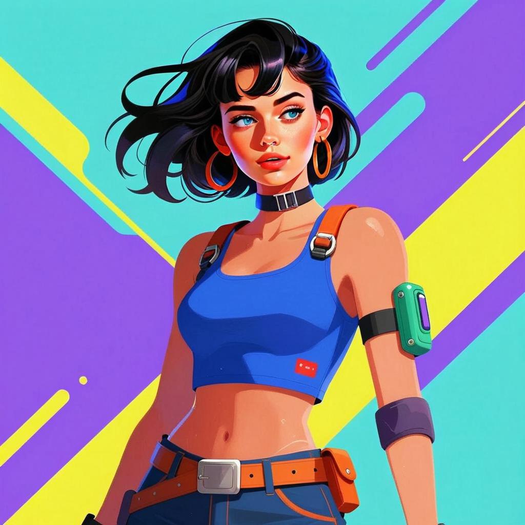 Trendy Young Woman in Blue Crop Top Digital Illustration Gen Z Style