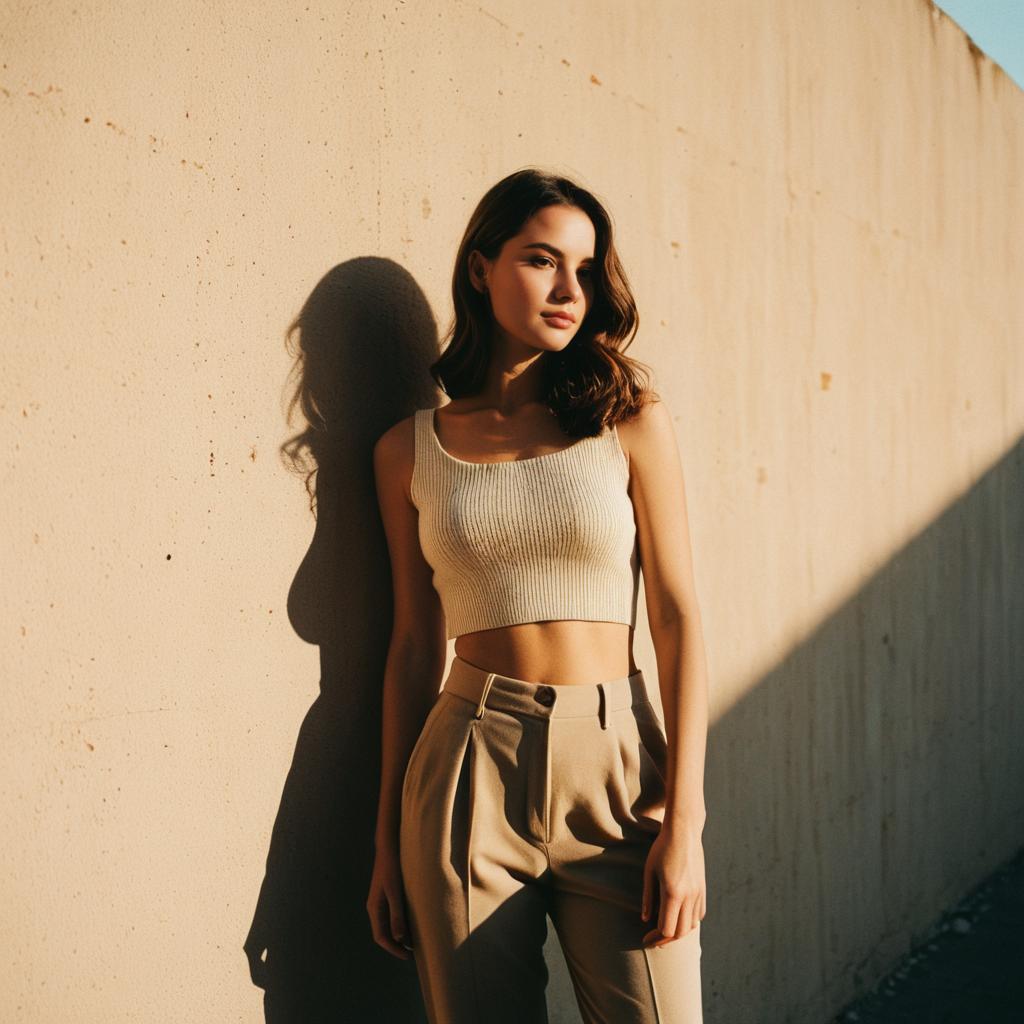 Young Woman in Cropped Top and Beige Trousers Leaning on Concrete Wall at Golden Hour