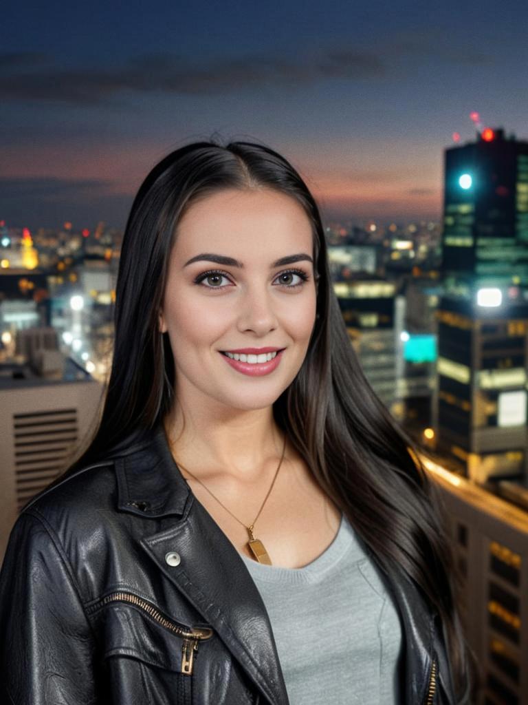 Confident Woman with City Skyline at Dusk