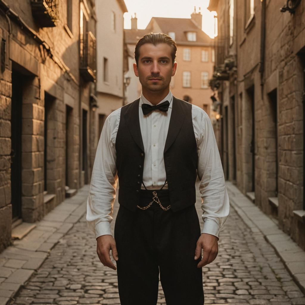 Elegant Man in Bow Tie on Cobblestone Street