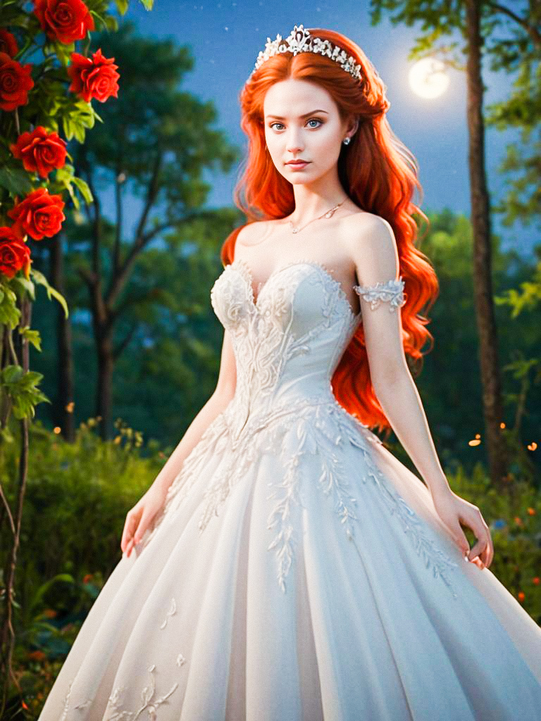 Elegant Woman with Red Hair in Moonlit Garden
