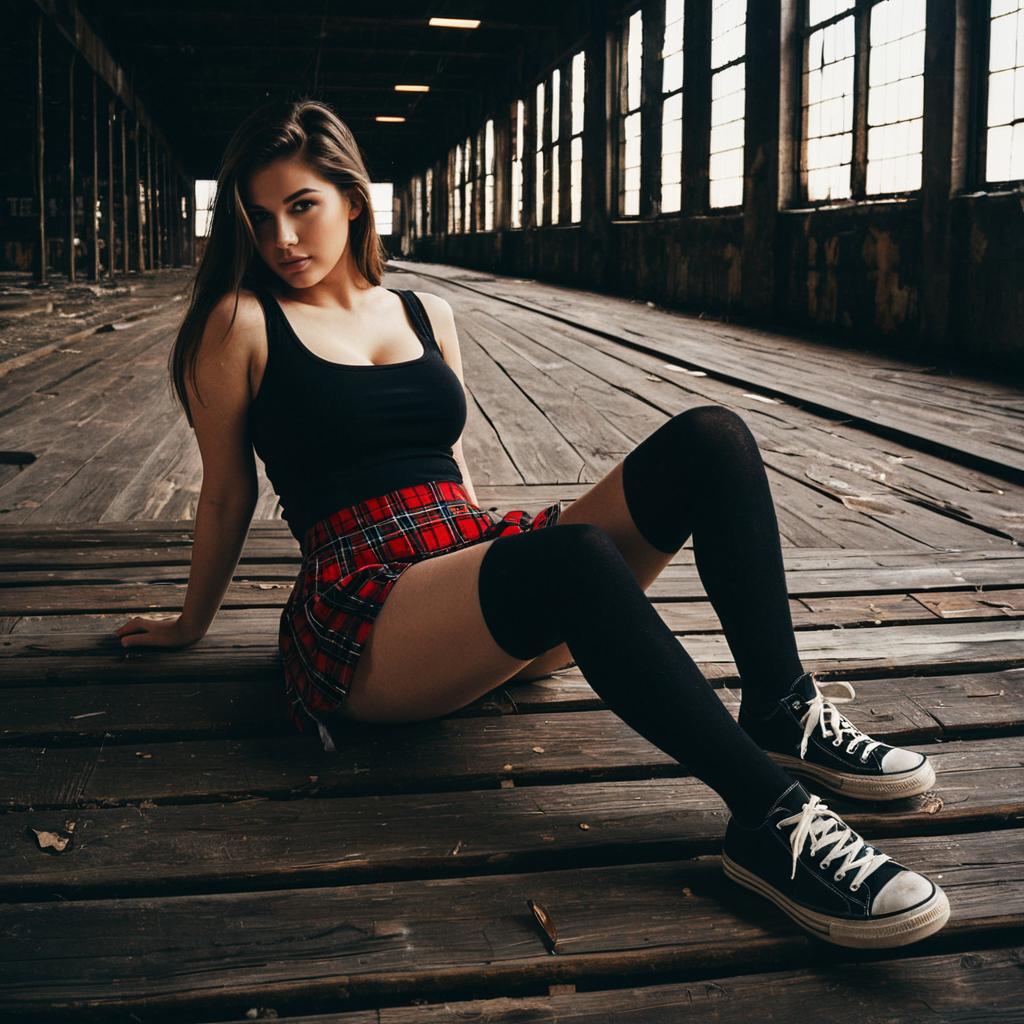 Stylish Woman in Plaid Skirt and Sneakers in Industrial Warehouse