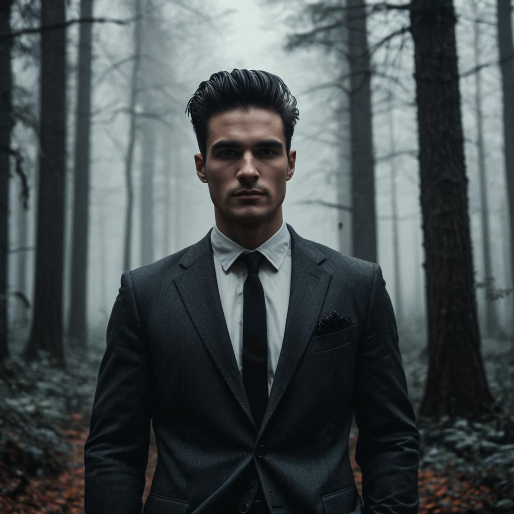 Confident Man in Misty Forest
