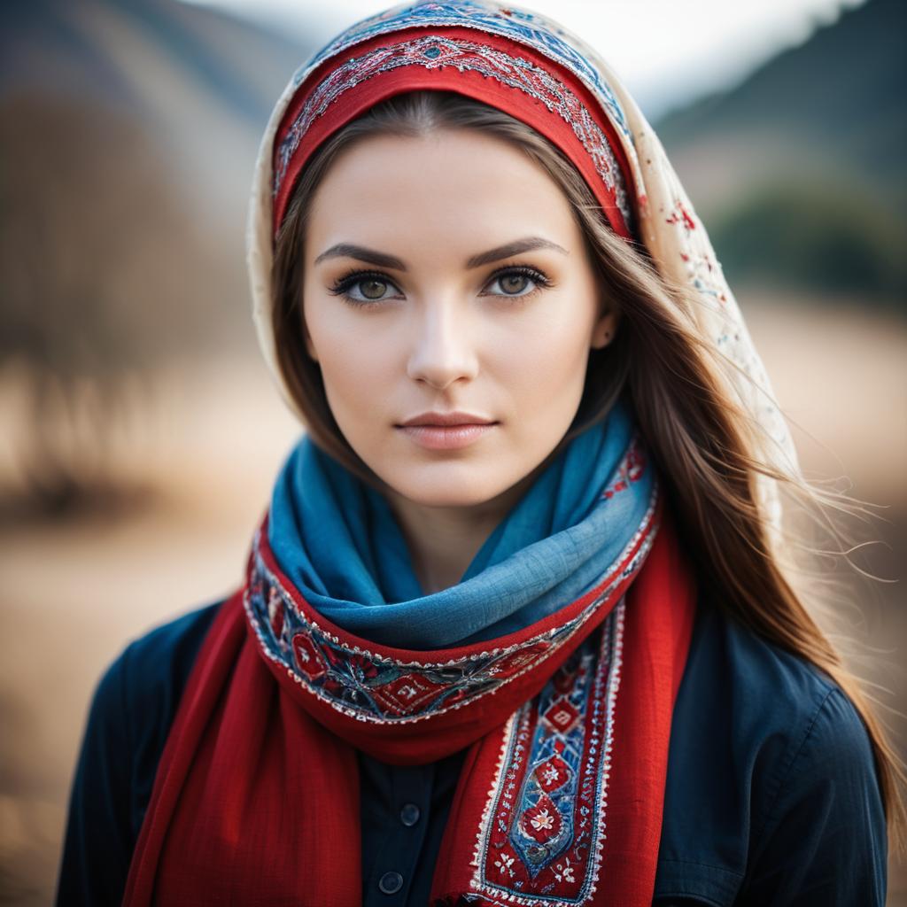 Portrait of Woman in Embroidered Red and Blue Headscarf in Natural Setting