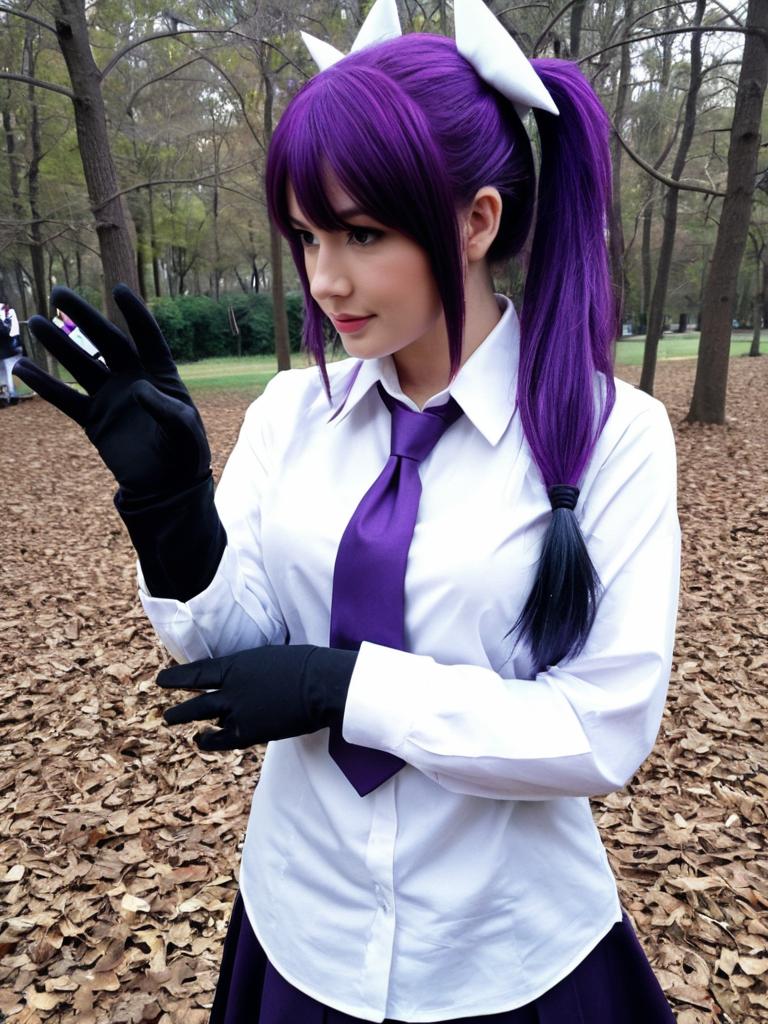 Realistic Anabel Pokémon Cosplay with Purple Hair and White Bow