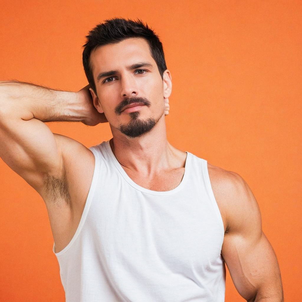 Confident muscular man in white shirt against orange background