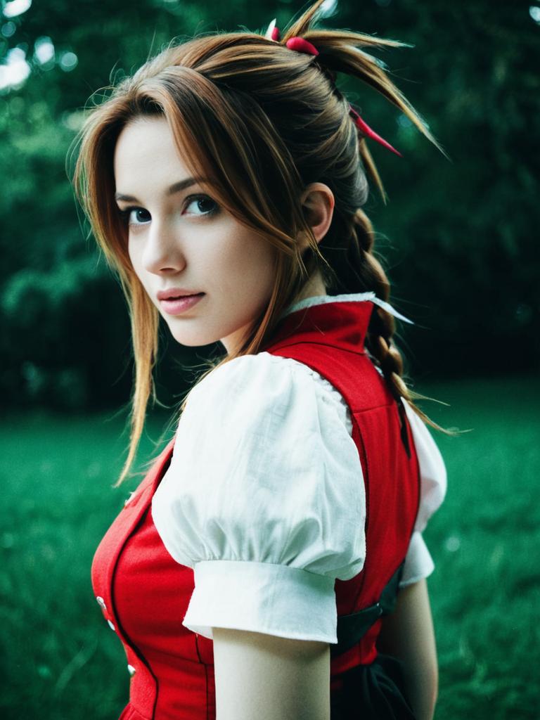 Woman in Aerith Cosplay Costume Over-The-Shoulder Candid Portrait