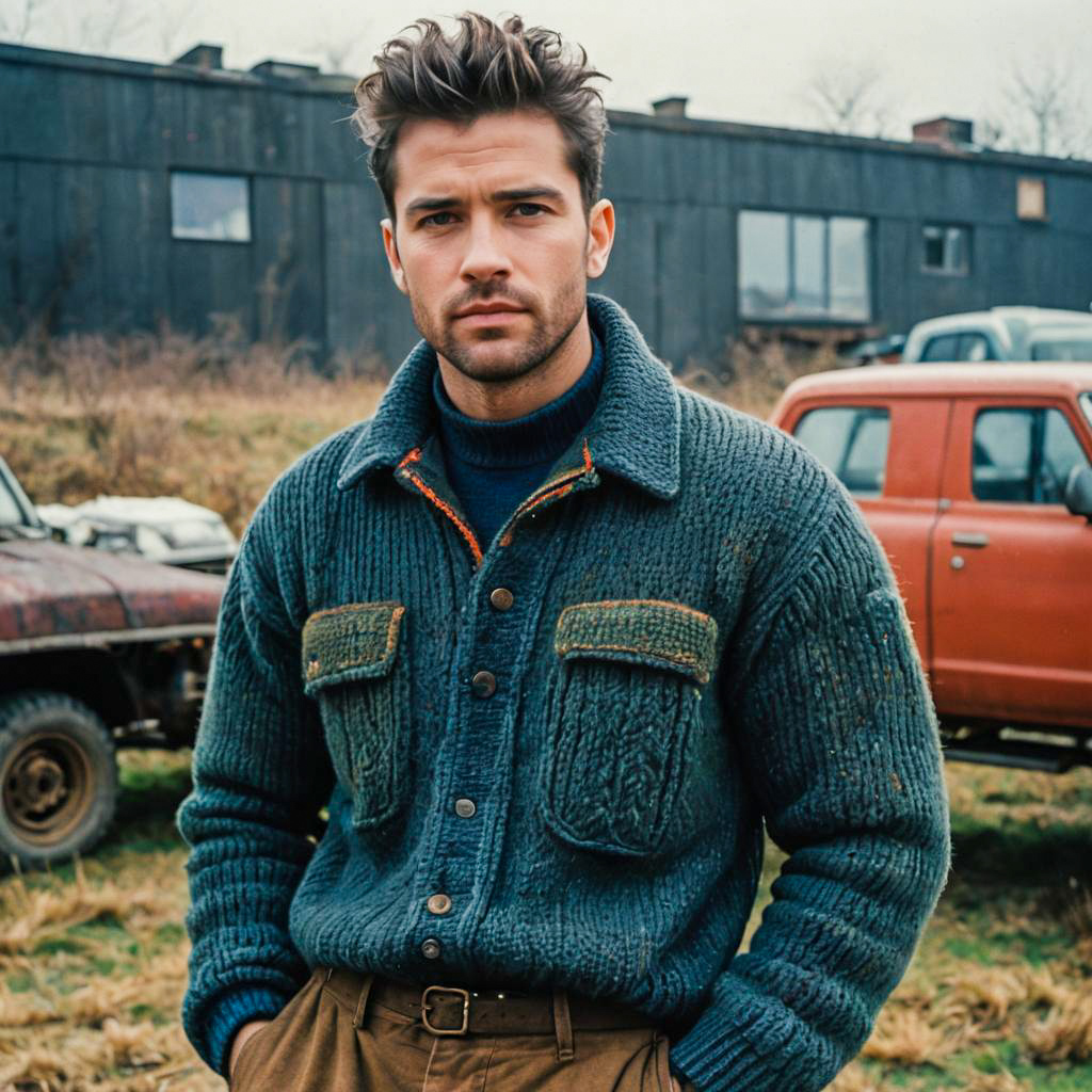 Young Man in Knitted Sweater with Vintage Truck Background