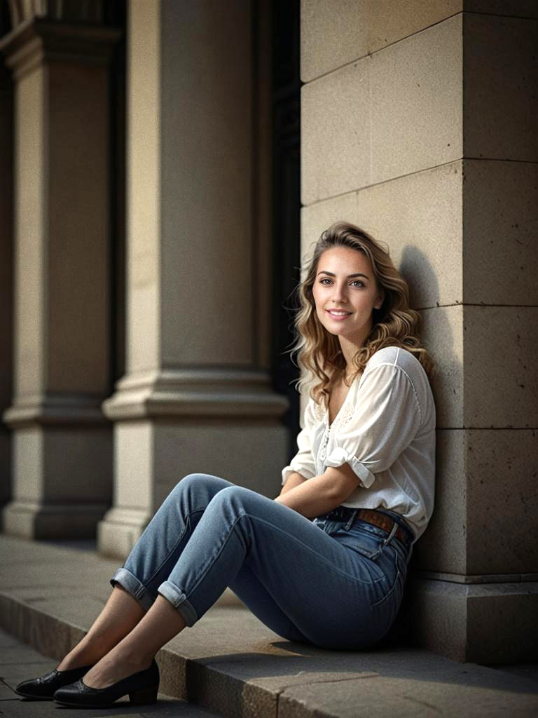 Elegant Young Woman Posing Against Stone Pillar