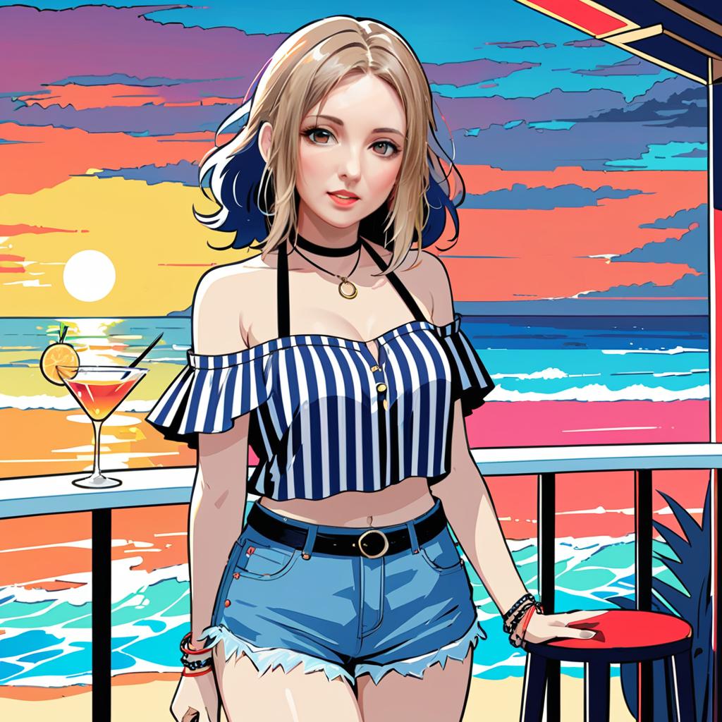 Anime Woman in Beachwear at Sunset