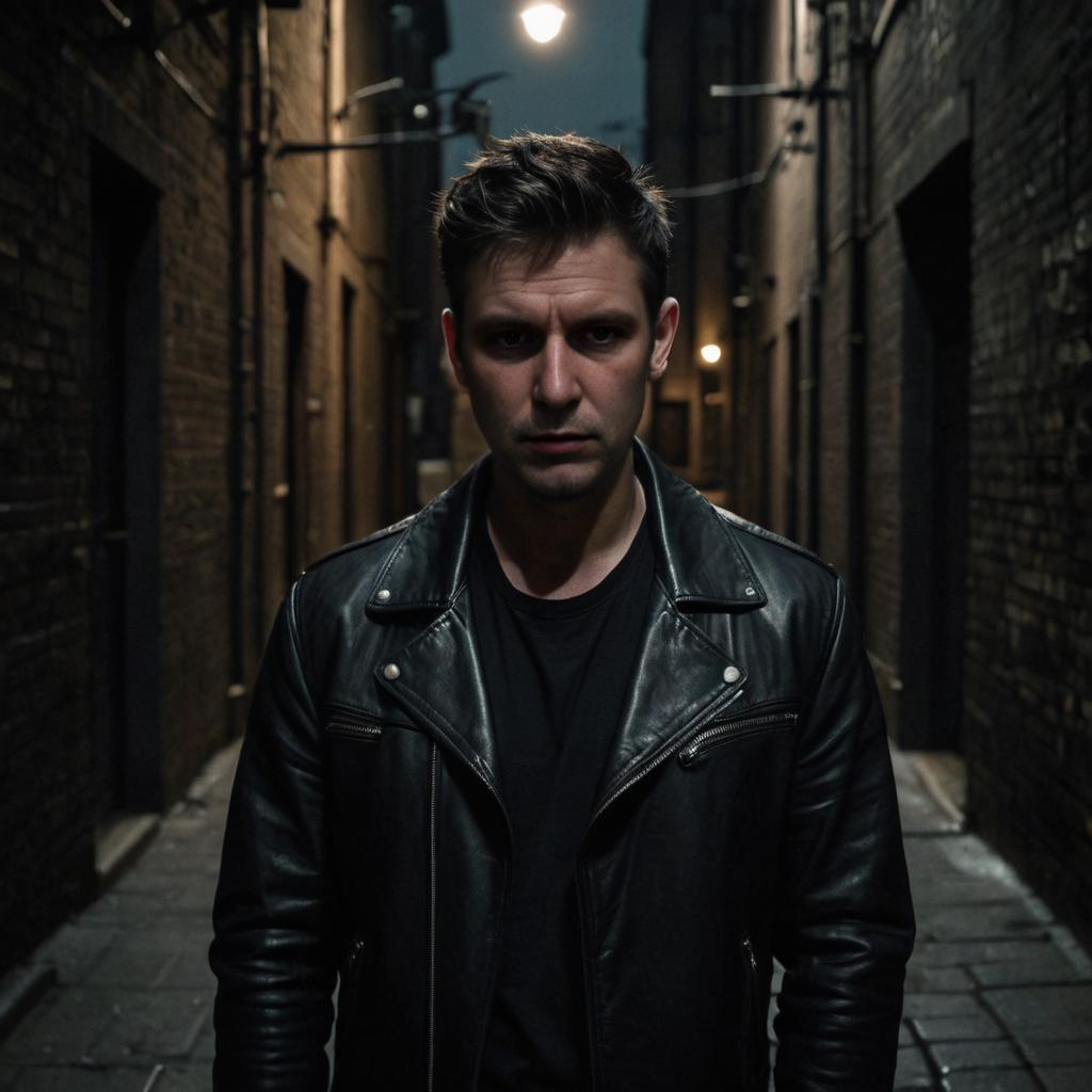 Man in Black Leather Jacket in Dimly Lit Alley