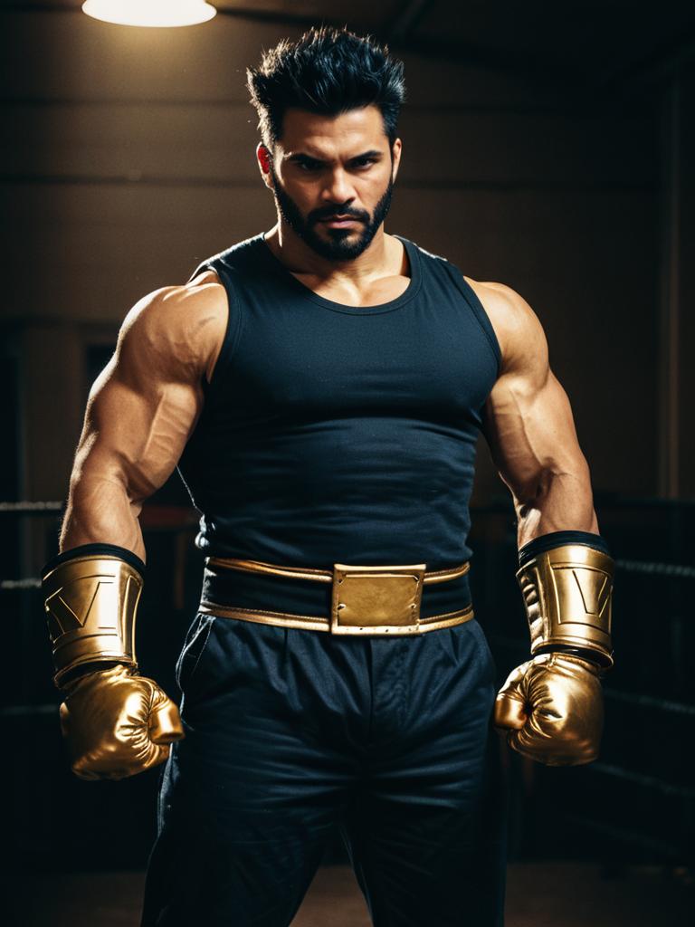 Muscular Man in Realistic Brawler Costume with Golden Gloves and Belt