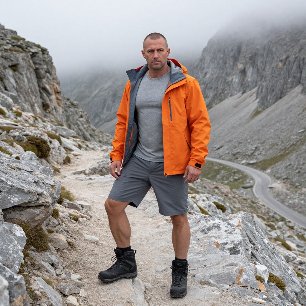Man Hiking on Rocky Mountain Trail in Orange Jacket