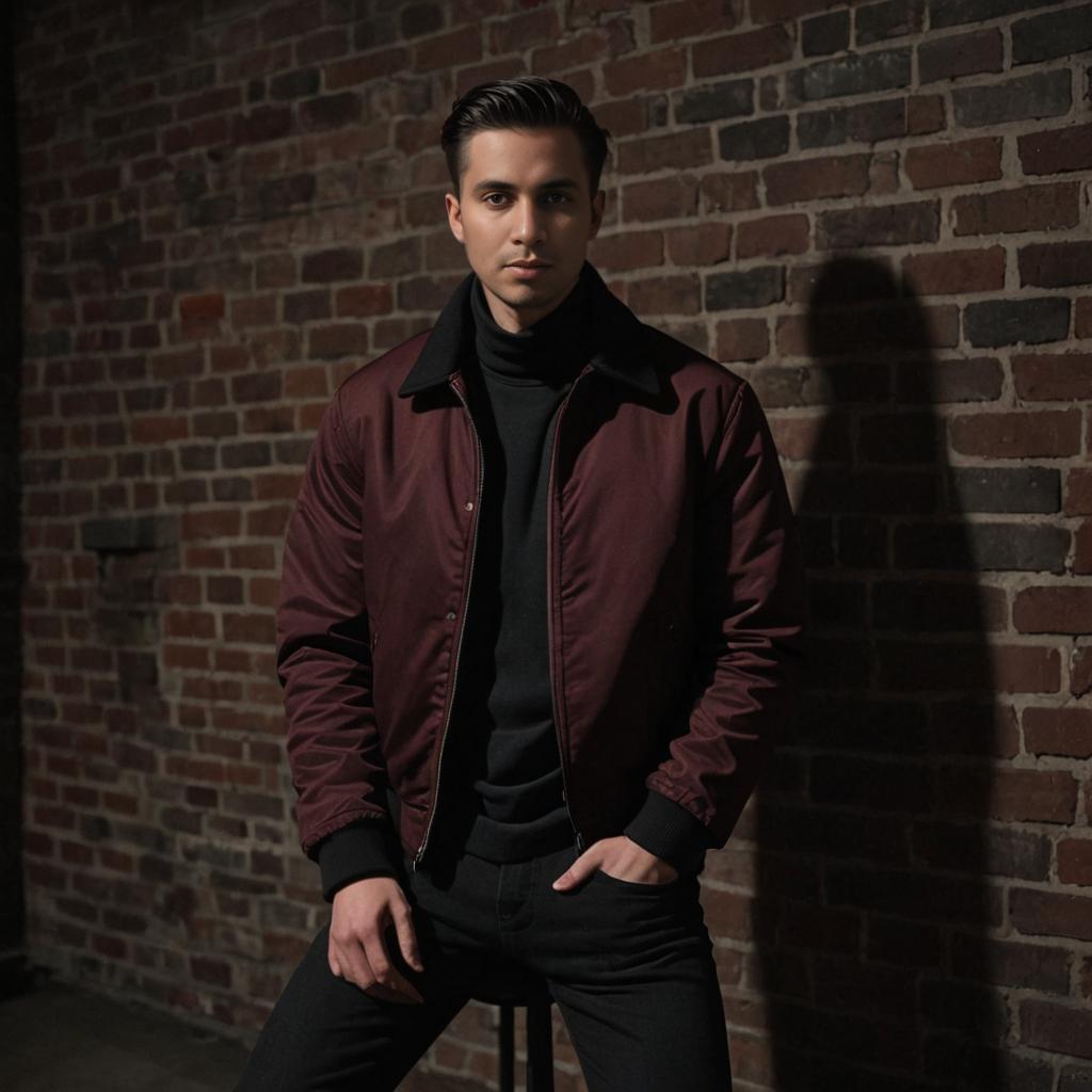 Stylish Man in Brown Jacket Against Brick Wall