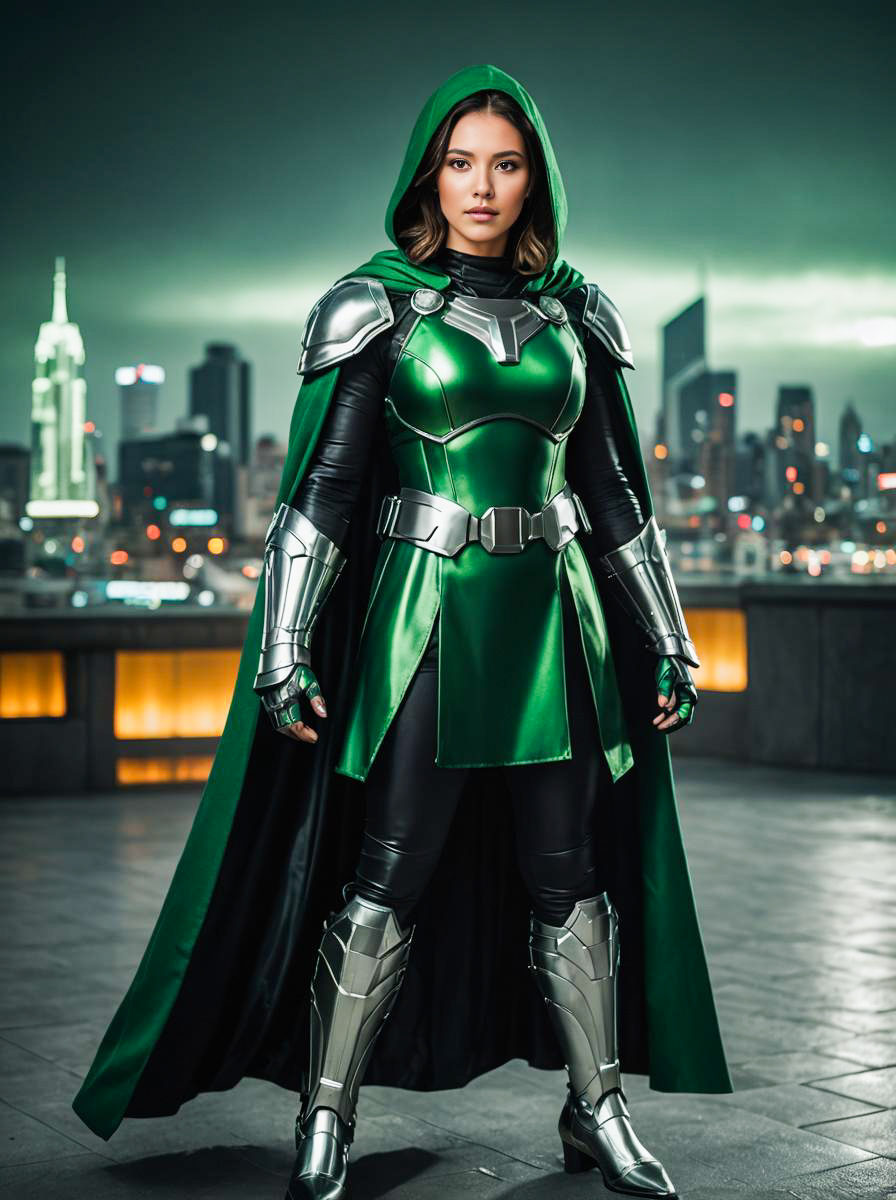 Woman in Doctor Doom Costume with City Skyline