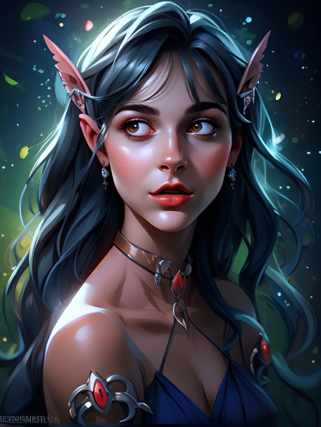 Fantasy Elven Woman Portrait with Amber Eyes and Leaf Accessories