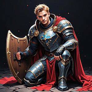Young Man in Medieval Armor with Shield and Cape