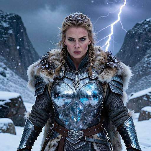 Fierce Woman Warrior in Silver Armor with Lightning in Snowy Mountains