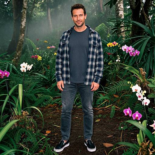 Man in Casual Outfit Surrounded by Orchids in Lush Garden