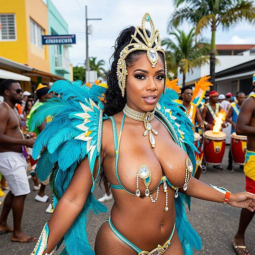 Woman in Turquoise Feathered Carnival Costume at Street Parade
