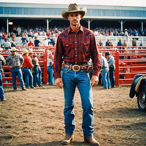 Confident Cowboy in Red Plaid Shirt at Rodeo Arena