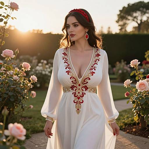 Elegant Woman in Embroidered White Dress in Rose Garden at Sunset