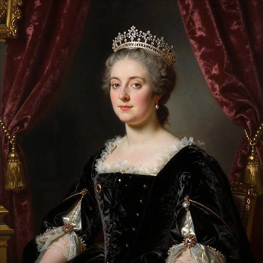 18th Century Royal Woman Portrait in Black Velvet Gown and Jeweled Crown