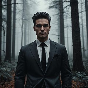 Confident Man in Misty Forest