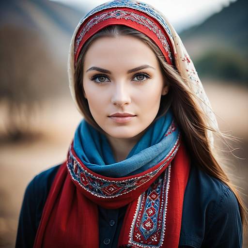 Portrait of Woman in Embroidered Red and Blue Headscarf in Natural Setting